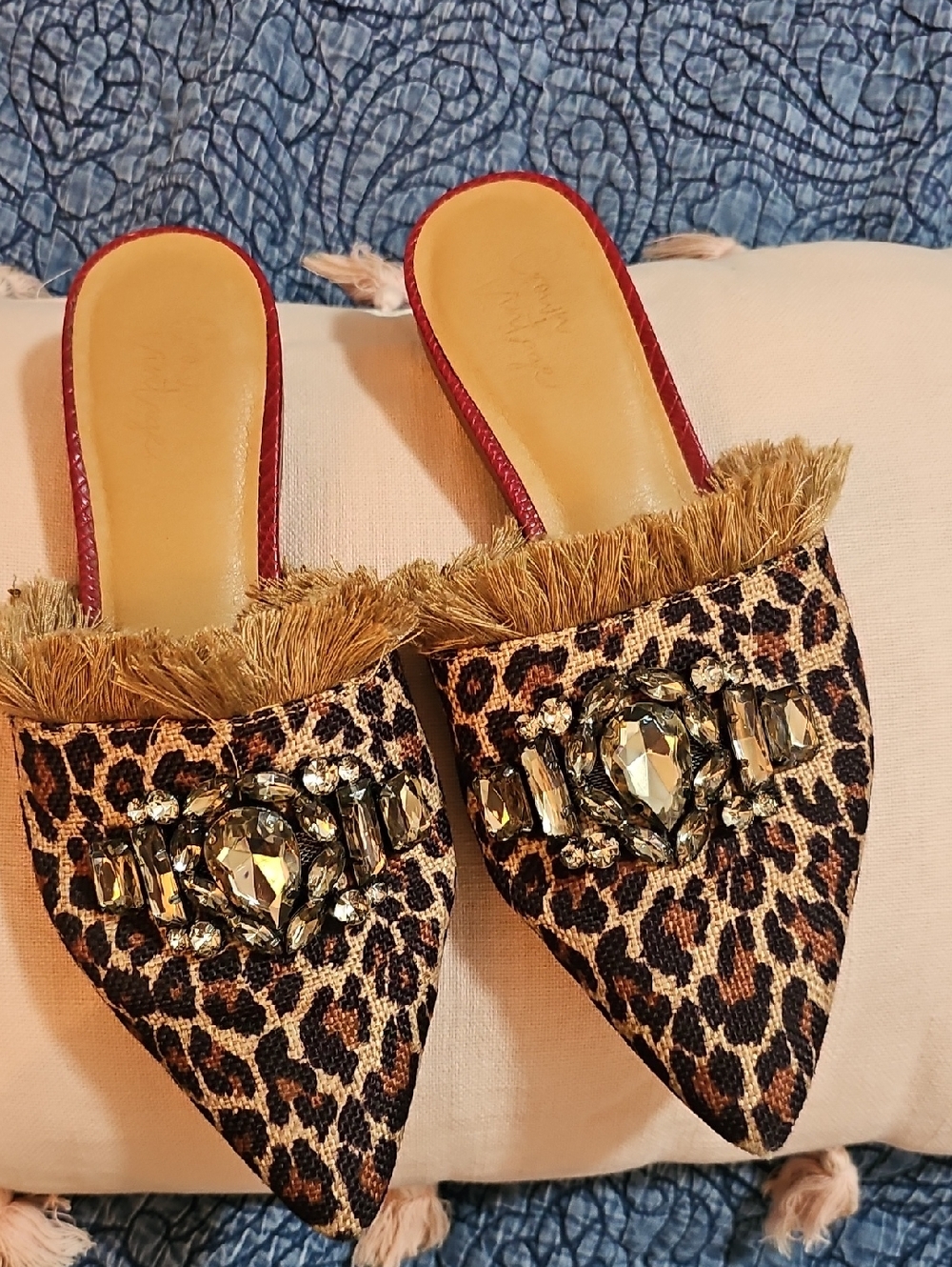 Leopard Print Embellished Pointed Mules -